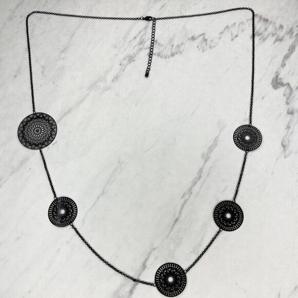 Boho Abstract Flower Station Black Chain Link Necklace - Picture 1 of 9